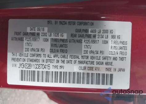 2016 Mazda Cx-5 Sport z USA, uszkodzony, nr VIN JM3KE2BY1G0870415